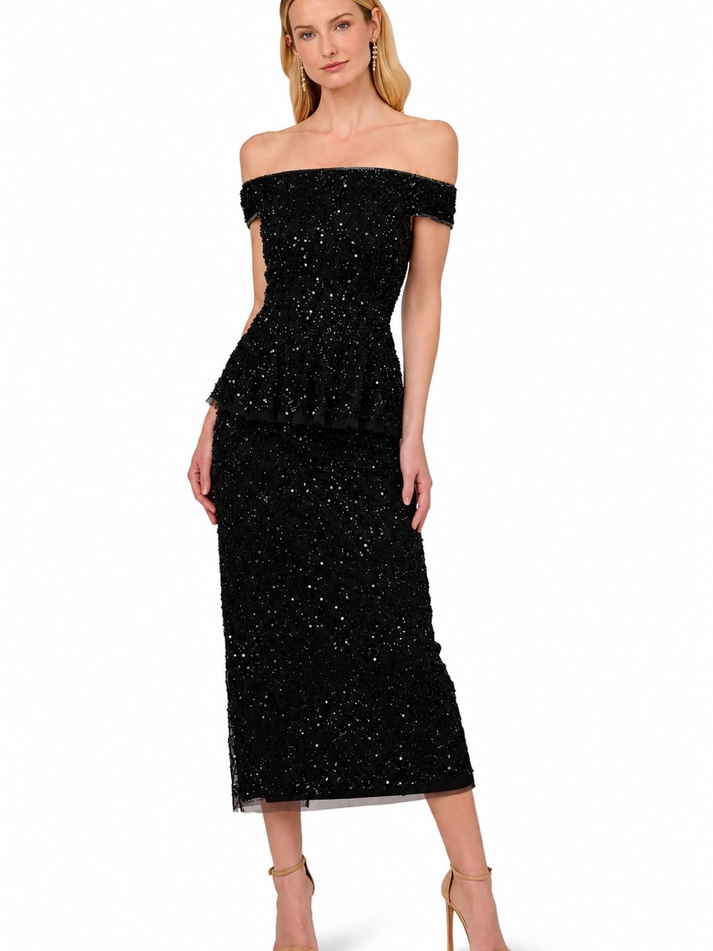 Adrianna Papell Black Off-Shoulder Sequin Peplum Midi Dress
